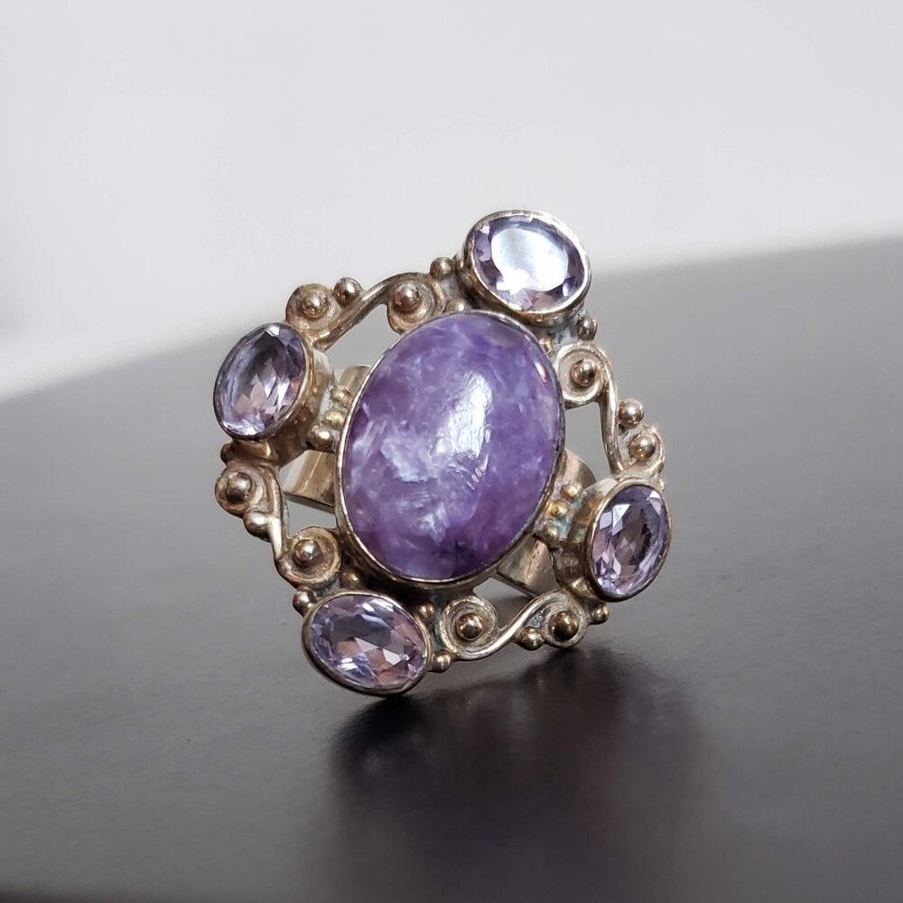 Huge Charoite & Amethyst Ring In Silver Purple Ge… - image 7